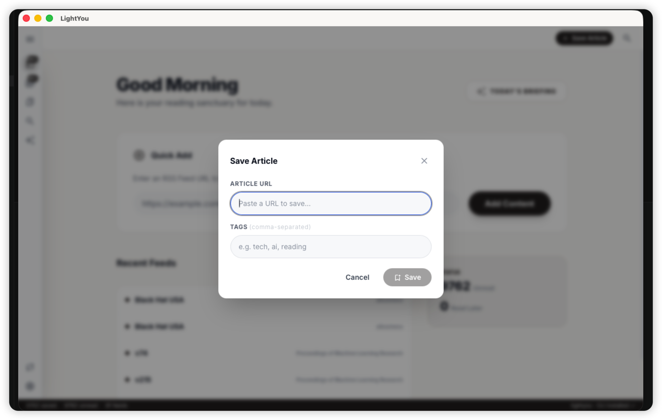 Quick Save modal with a URL pasted and ready to save